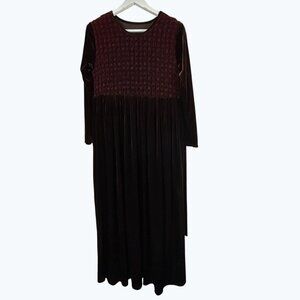 Vintage WS Fashion Velvet Maxi Dress Brown Burgundy Textured Smocked Korea L/S